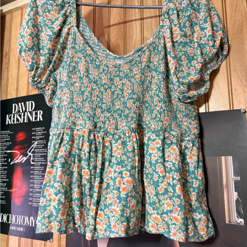 Maurices Green Floral Smocked Blouse